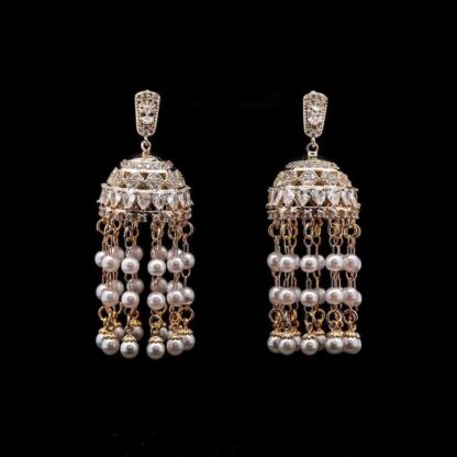 Omnia Jasmine Pearl Chandelier Earrings with High-Quality Zircon Stones in Gold-Plated Finish