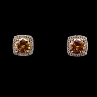 Omnia Rimas Golden Cushion-Cut Stud Earrings in High Quality Zircon Stone Rhodium Plated