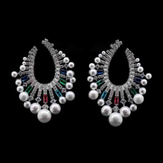 Omnia Statement Hoop Earrings in 92.5 Silver with Multicolored Baguette-Cut Zircon Stones and Lustrous Pearl Accents
