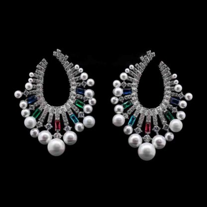 Omnia Statement Hoop Earrings in 92.5 Silver with Multicolored Baguette-Cut Zircon Stones and Lustrous Pearl Accents