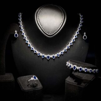 Omnia Sapphire Elegance Bridal Set in 92.5 Silver, Rhodium-Plated, with Pear-Cut Simulated Sapphires & Halo Accents