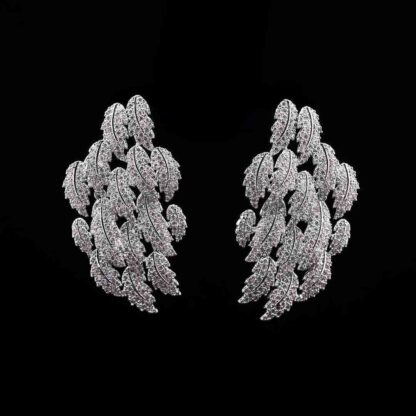 Omnia Ritaj White Leaf Cascade Earrings with Pave-Set High-Quality Zircon Stones in a Gold-Tone Rhodium Plated Finish