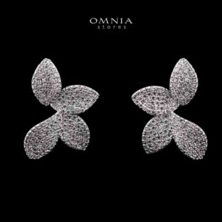 Omnia Rhina White Floral Petal Earrings with Pave-Set High-Quality Zircon Stones in a Rhodium Plated Finish