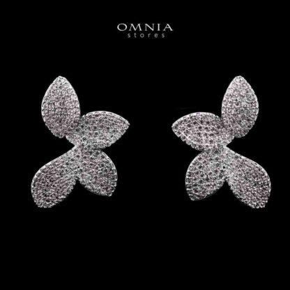Omnia Rhina White Floral Petal Earrings with Pave-Set High-Quality Zircon Stones in a Rhodium Plated Finish