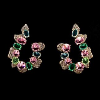 Omnia Samia Multi-Colored Hoop Earrings with Pink, Green, and Blue High-Quality Zircon Stones in a Gold-Tone Rhodium Plated Finish
