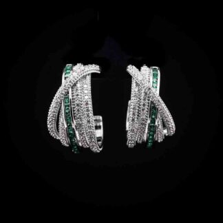 Omnia Emerald Radiance Double Tone Wrap Hoop Earrings in High Quality Rhodium Plated