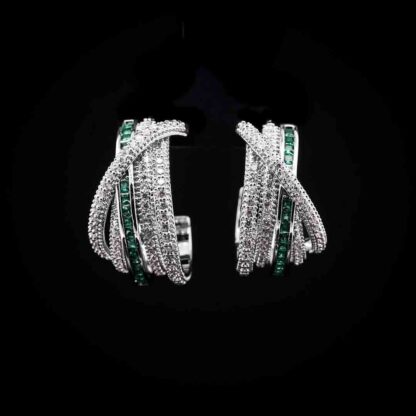 Omnia Emerald Radiance Double Tone Wrap Hoop Earrings in High Quality Rhodium Plated