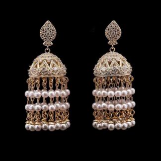Omnia Safa Gold Earrings with Intricate Filigree Design, Pave-Set High-Quality Zircon Stones, and Layered Pearl Tassels in a Gold-Tone Rhodium Plated Finish