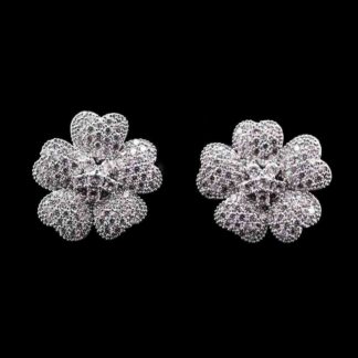 Omnia Lamis Silver Floral Earrings with Textured Petals and Pave-Set High-Quality Zircon Stones in a Rhodium Plated Finish