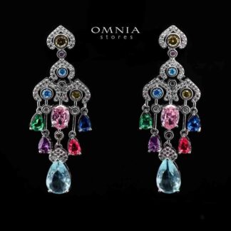 Omnia Zuwaina Multi-Colored Chandelier Earrings with Pear, Oval, and Round-Cut High-Quality Simulated Diamonds in a Rhodium Plated Finish