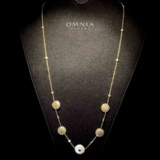 Omnia Sandra Long Chain Necklace in Brass Gold Plated with White Shell & Artistic Disc Design