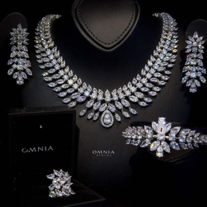 Omnia Zakiyah Bridal Full Set in High Quality Simulated Diamonds with Pear and Marquise Cut Stones, Rhodium Plated