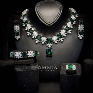Omnia Charlene Green Bridal Full Set in High Quality Simulated Diamonds with Emerald and Marquise Cut Stones, Rhodium Plated