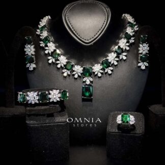 Omnia Charlene Green Bridal Full Set in High Quality Simulated Diamonds with Emerald and Marquise Cut Stones, Rhodium Plated