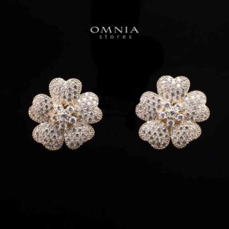 Omnia Lamis Golden Floral Earrings with Textured Petals and Pave-Set High-Quality Zircon Stones in a Rhodium Plated Finish