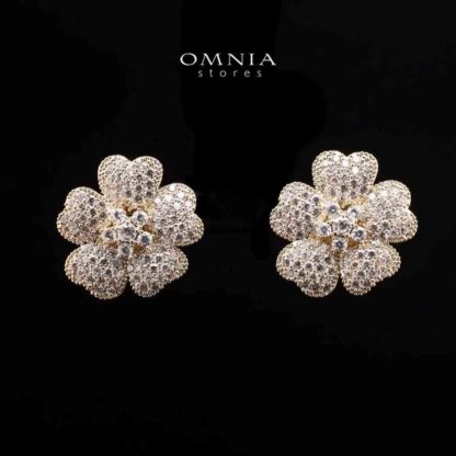 Omnia Lamis Golden Floral Earrings with Textured Petals and Pave-Set High-Quality Zircon Stones in a Rhodium Plated Finish