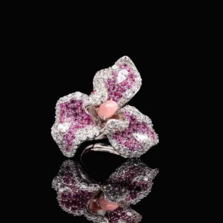 Omnia Pink Orchid Ring in 92.5 Silver with High-Quality Simulated Diamonds and Coral Stone Detail