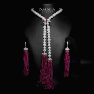 Omnia Bisan Fresh Real Water Pearl Long Chain Necklace & Drop Earrings in 92.5 Silver with High-Quality Simulated Diamonds