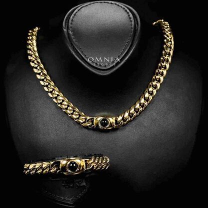 Omnia Hilyah Copper Plated Gold Color Necklace & Bracelet Set in High-Quality 10mm Stainless Steel