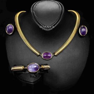 Omnia Naqiyah Copper Plated Gold Color Necklace,Bracelet and Earrings Set in High-Quality 8mm Stainless Steel with Purple Stone