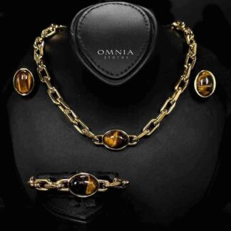 Omnia Caliya Copper Plated Gold Color Necklace,Bracelet and Earrings Set in High-Quality 8mm Stainless Steel with Brown Stone