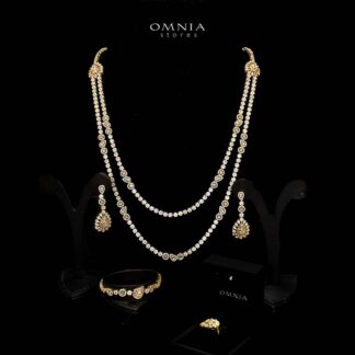 Omnia Ahad Bridal Golden Long Chain Set In Rhodium Plated With High Quality Zircon Stones