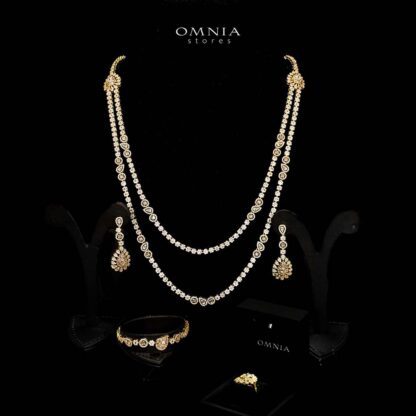 Omnia Ahad Bridal Golden Long Chain Set In Rhodium Plated With High Quality Zircon Stones