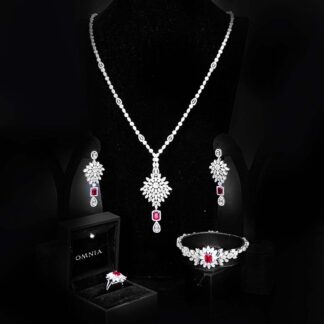 Omnia Duha Red Long Chain Full Set Accessories in High Quality Zircon Stone Rhodium Plated