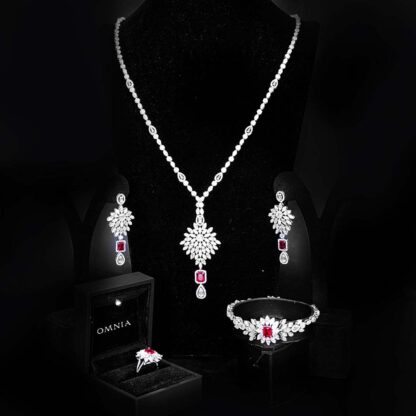 Omnia Duha Red Long Chain Full Set Accessories in High Quality Zircon Stone Rhodium Plated