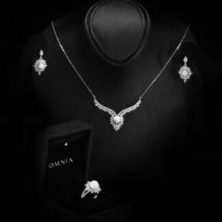 Omnia Nawal White Pearl Necklace, Earrings and Ring Set in 925 Silver with High Quality Simulated Diamonds