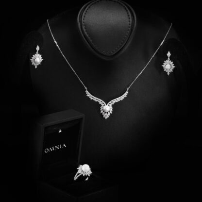 Omnia Nawal White Pearl Necklace, Earrings and Ring Set in 925 Silver with High Quality Simulated Diamonds