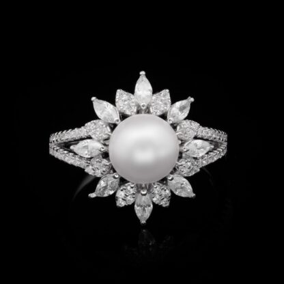 Omnia Nawal White Pearl Necklace, Earrings and Ring Set in 925 Silver with High Quality Simulated Diamonds - Image 3