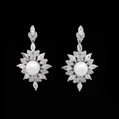 Omnia Nawal White Pearl Necklace, Earrings and Ring Set in 925 Silver with High Quality Simulated Diamonds - Image 4
