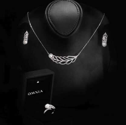Omnia Naela White Leaf Pearl Necklace, Earrings and Ring Set in 925 Silver with High Quality Simulated Diamonds