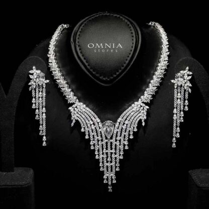 Omnia Abir White Bridal Necklace & Earrings Set in 925 Silver with Pear and Marquise-Cut High-Quality Simulated Diamonds