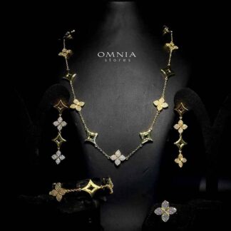 Omnia Golden Clove Long Chain Full Set with High-Quality Simulated Diamonds Gold Plated 100cm