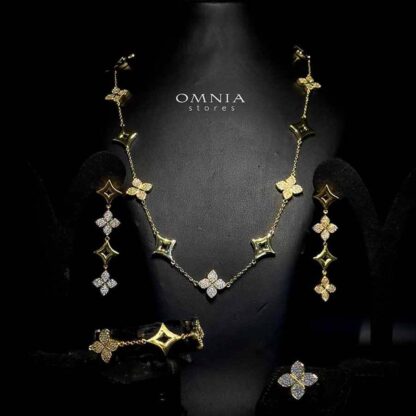 Omnia Golden Clove Long Chain Full Set with High-Quality Simulated Diamonds Gold Plated 100cm