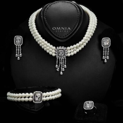 Omnia Wahida Pearl Bridal Full set With Rhodium Plated In High Quality Zircon Stone