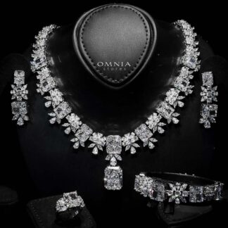 Omnia Charlene White Bridal Full Set with Radiant and Pear-Cut High-Quality Iced Cut Stones Rhodium Plated