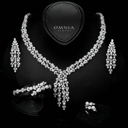 Omnia Samarah Bridal White Pearl Full Set in High Quality Zircon Stone Rhodium Plated