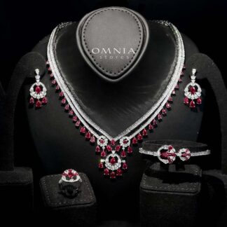 Omnia Maram Maroon Full Set with High-Quality Simulated Diamonds and Teardrop Design  in Rhodium Plated