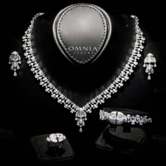 Omnia Rafi White Bridal Full Set with Elegant White and Simulated Diamonds in High-Quality Rhodium Plated Finish