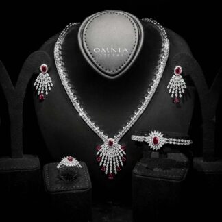 Omnia Asmaa Maroon Bridal Full Set with Sparkling Zircon Stones in High-Quality Rhodium Plated Finish