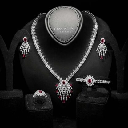 Omnia Asmaa Maroon Bridal Full Set with Sparkling Zircon Stones in High-Quality Rhodium Plated Finish