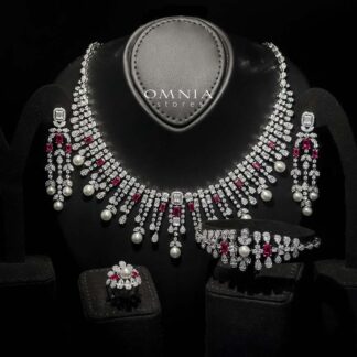 Omnia Sirella Maroon Bridal Full Set with Intricate Cascading Zircon and Pearl Design in High-Quality Rhodium Plated