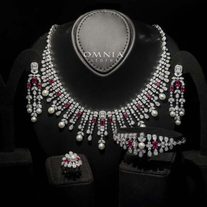 Omnia Sirella Maroon Bridal Full Set with Intricate Cascading Zircon and Pearl Design in High-Quality Rhodium Plated