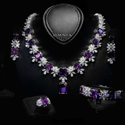 Omnia Charlene Purple Bridal Full Set with Radiant and Pear-Cut High-Quality Simulated Diamonds Rhodium Plated