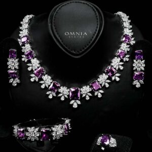 Omnia Charlotte Purple Bridal Full Set with Emerald and Pear-Cut High-Quality Simulated Diamonds Rhodium Plated