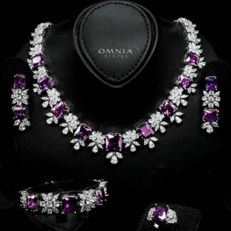 Omnia Charlotte Purple Bridal Full Set with Emerald and Pear-Cut High-Quality Simulated Diamonds Rhodium Plated