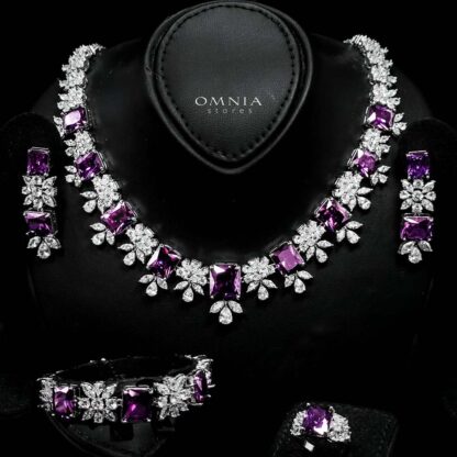 Omnia Charlotte Purple Bridal Full Set with Emerald and Pear-Cut High-Quality Simulated Diamonds Rhodium Plated